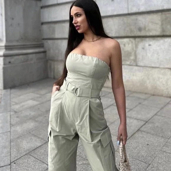 Zara jumpsuit technical fabric cargo sleeveless wide streight leg light khaki - Picture 3 of 12